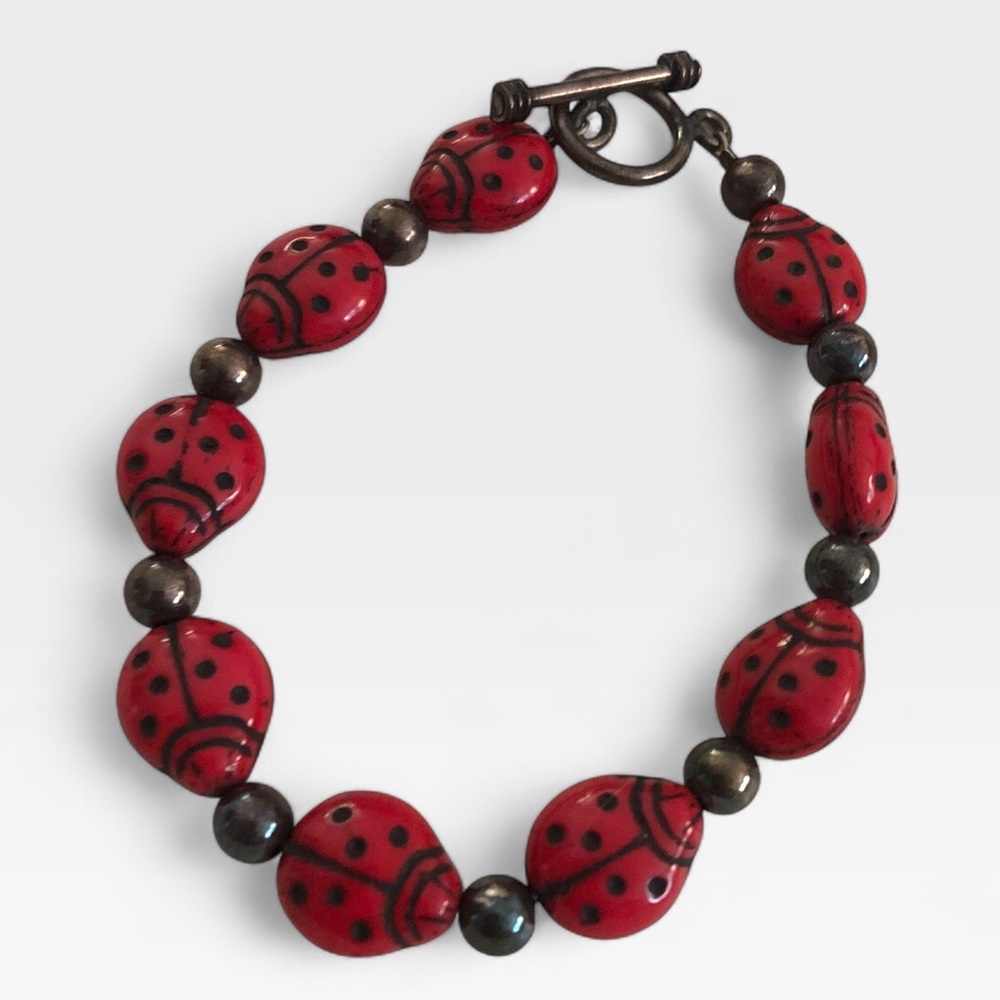 Vintage Stamped Sterling Silver 925 Ladybug Bracelet